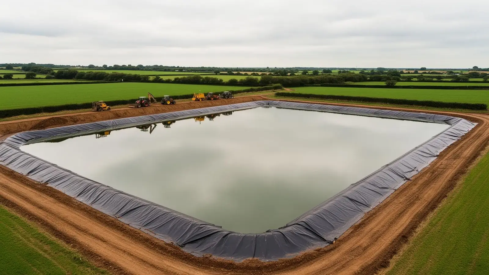 Aerial view of a large UK farm irrigation reservoir lined with reinforced polymer pond liner