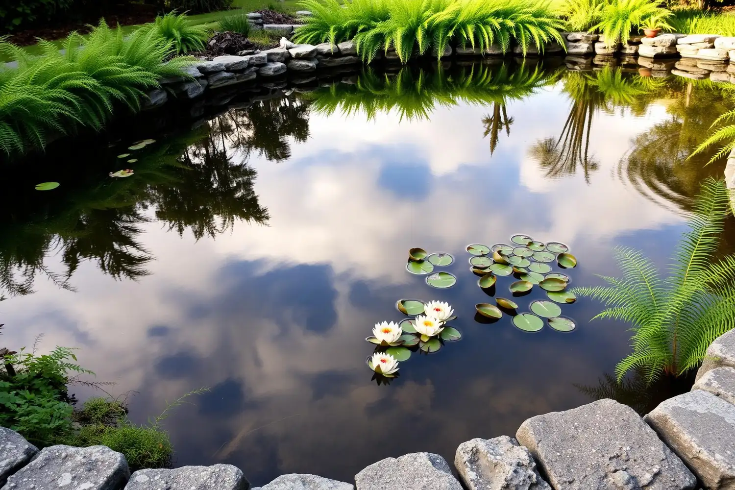 Serene finished garden pond with water lilies reflecting the sky