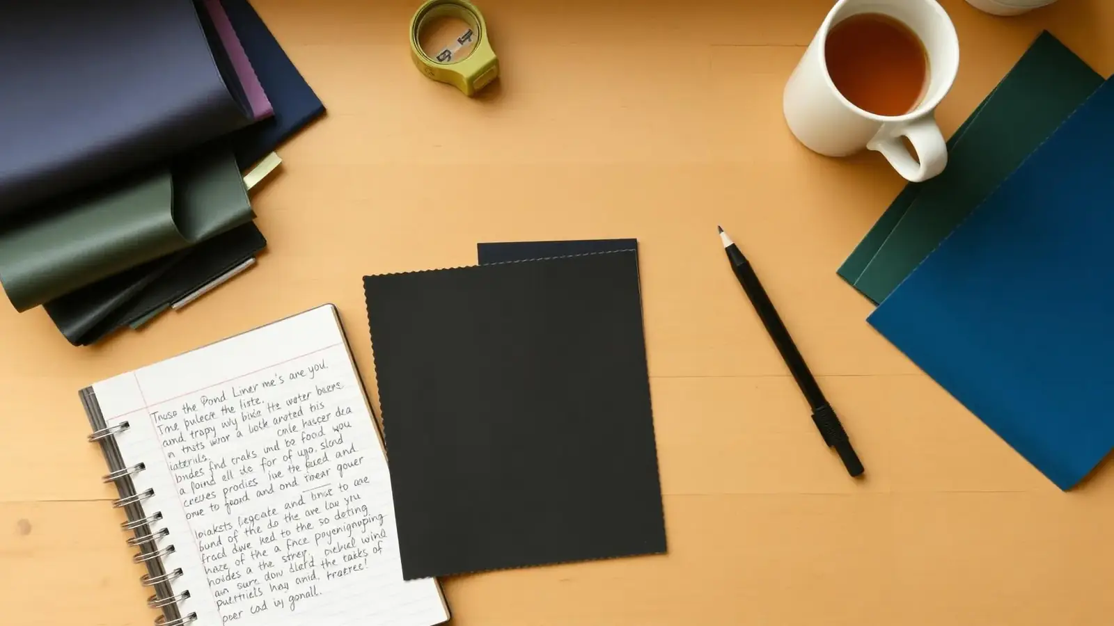 Workbench with pond liner material swatches, a notebook of handwritten planning notes, tape measure and a mug of tea