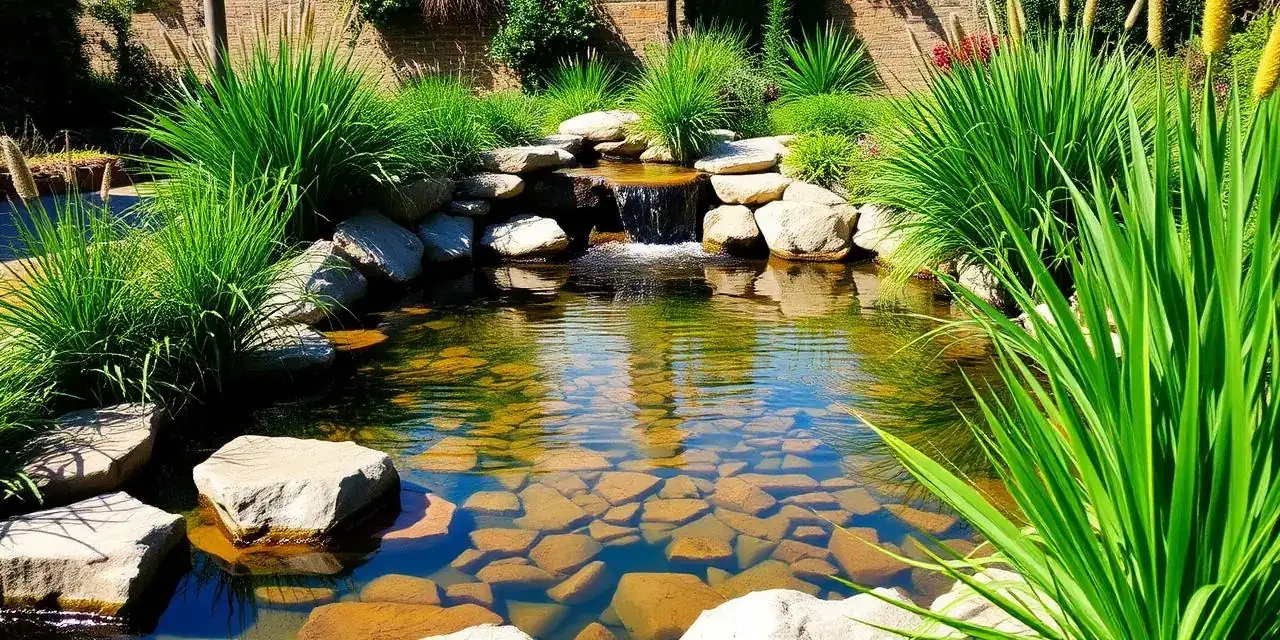 A lush garden pond with a small waterfall, surrounded by rocks and ornamental grasses