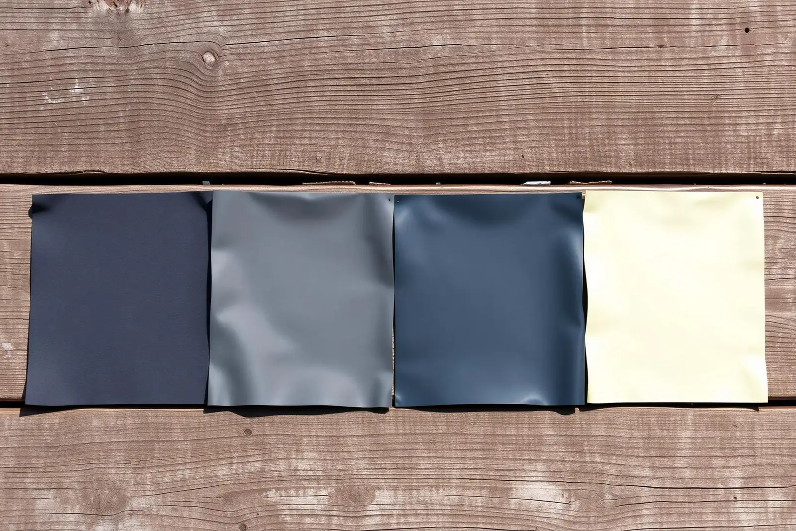 Four pond liner material swatches arranged side by side on weathered wood