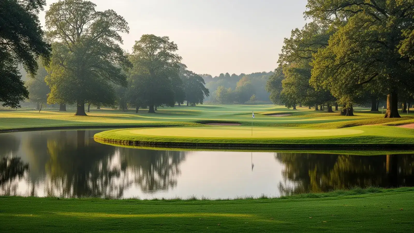 Reinforced black polymer liner installed in a golf course water hazard with mown approach