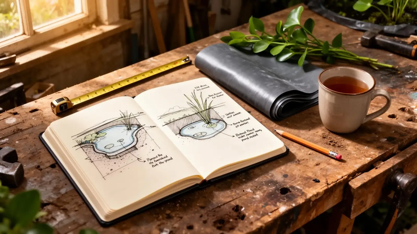 Open notebook with hand-drawn pond diagrams beside pressed leaves and a mug