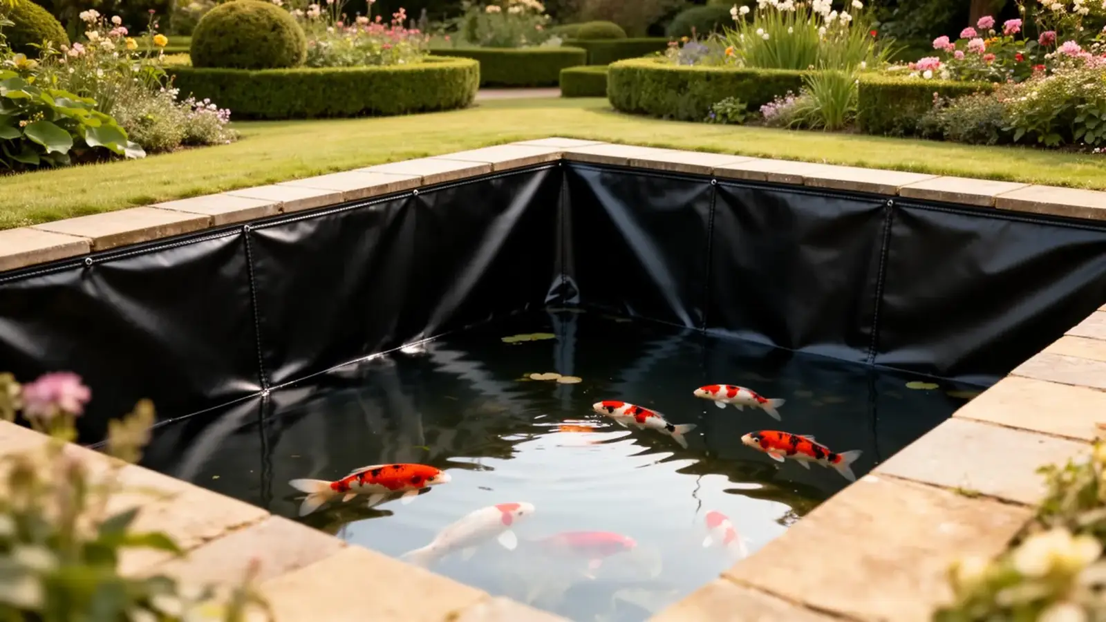 Box-welded reinforced polymer pond liner sitting against the walls of a formal koi pond
