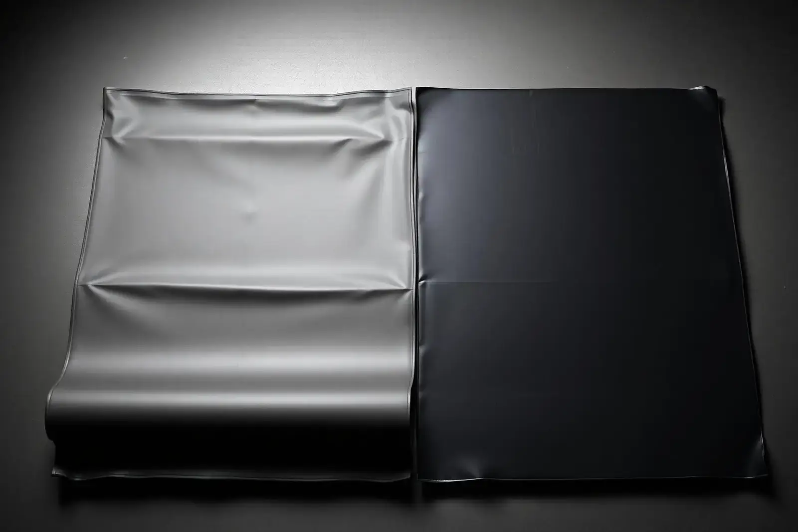 Two pond liner sheets laid side by side under dramatic studio light