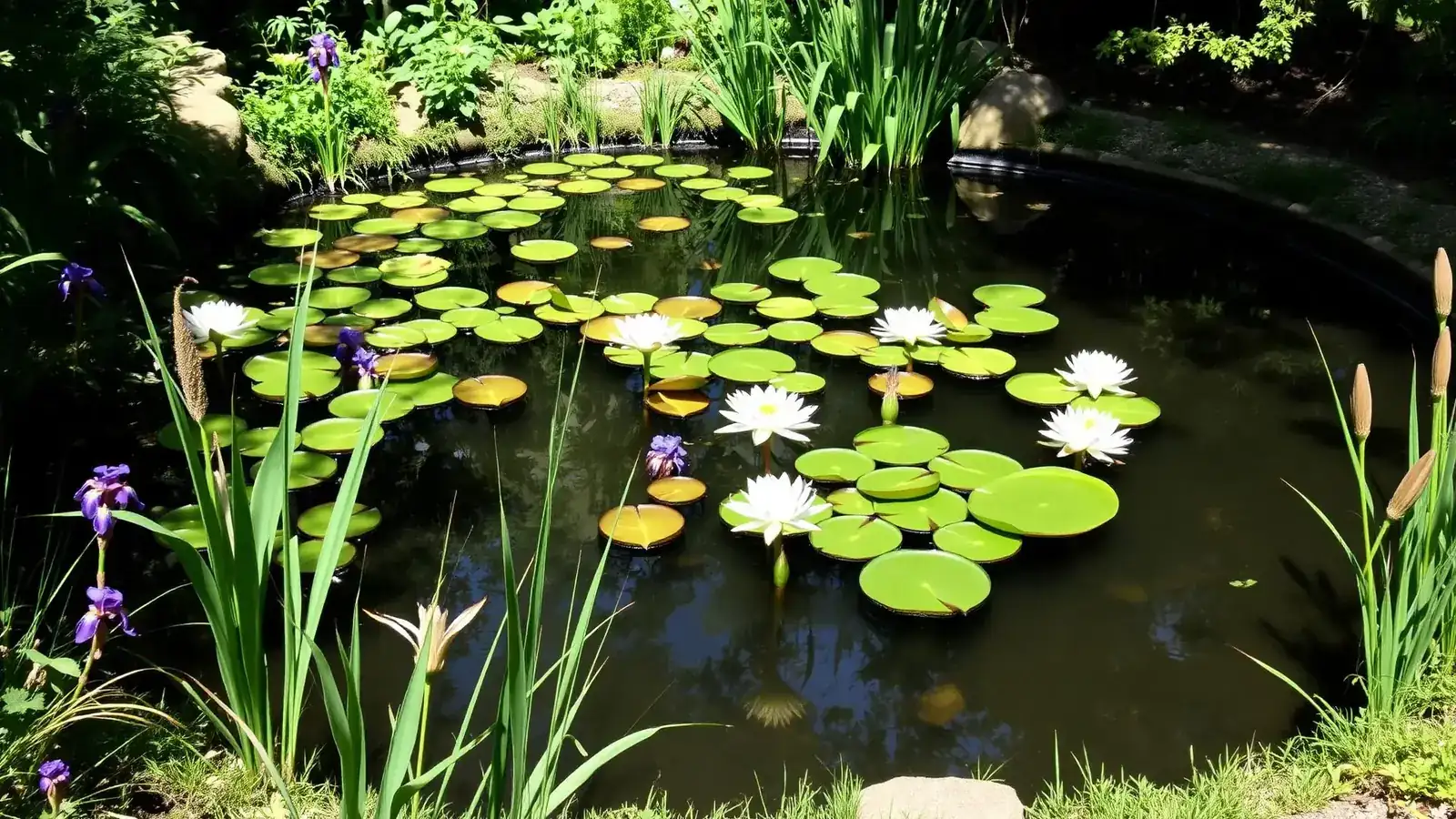 Butyl rubber pond liner laid into an established UK garden pond