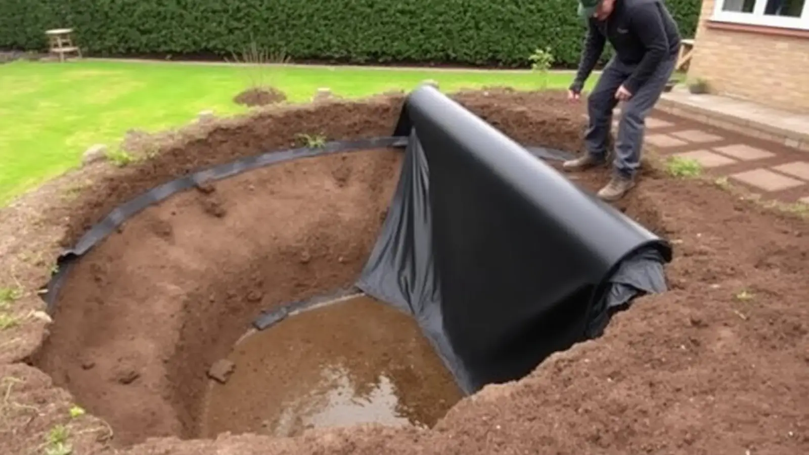 EPDM rubber pond liner rolled out into a domestic garden pond excavation