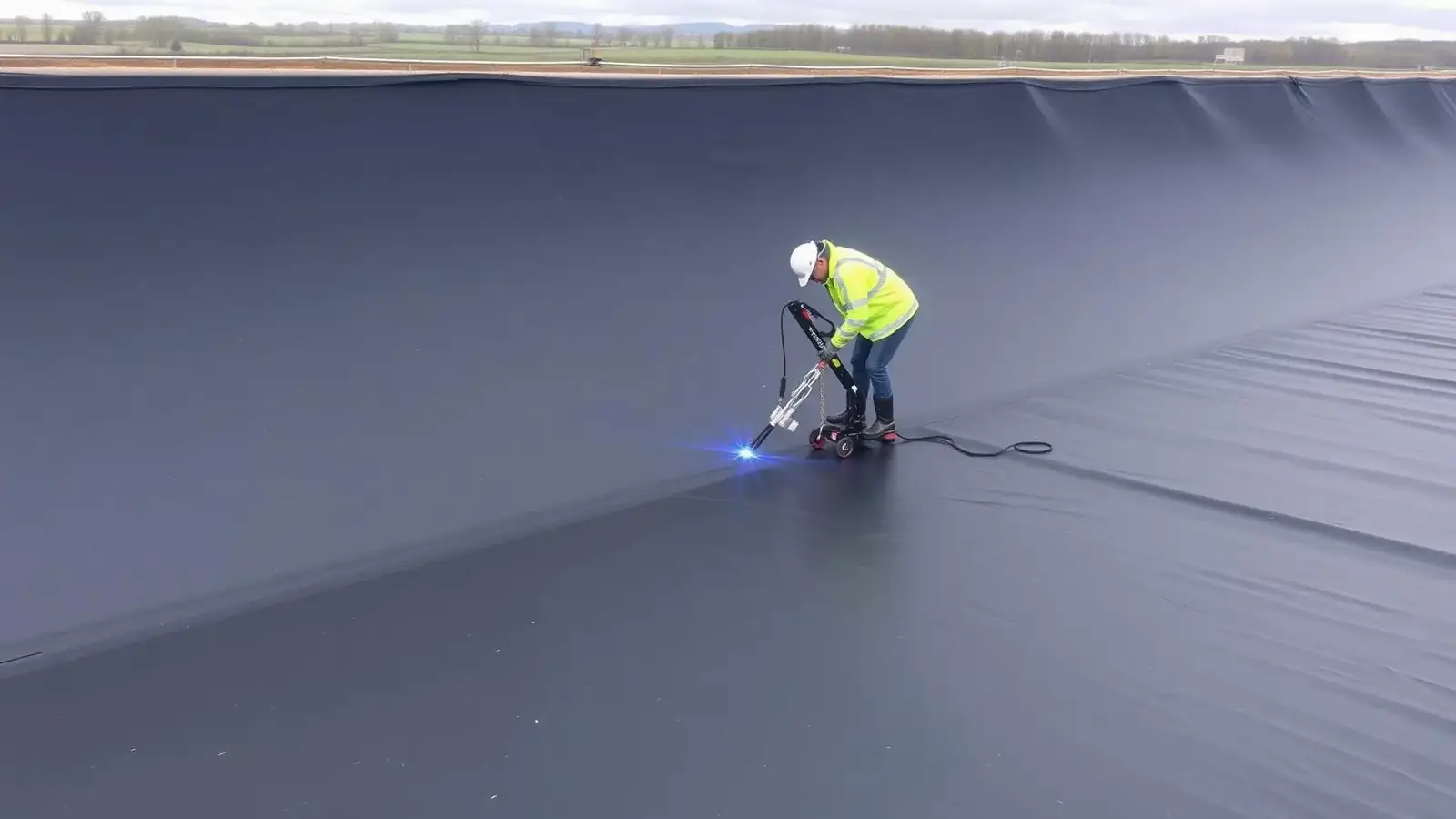 Black HDPE geomembrane being wedge-welded into a large UK water basin