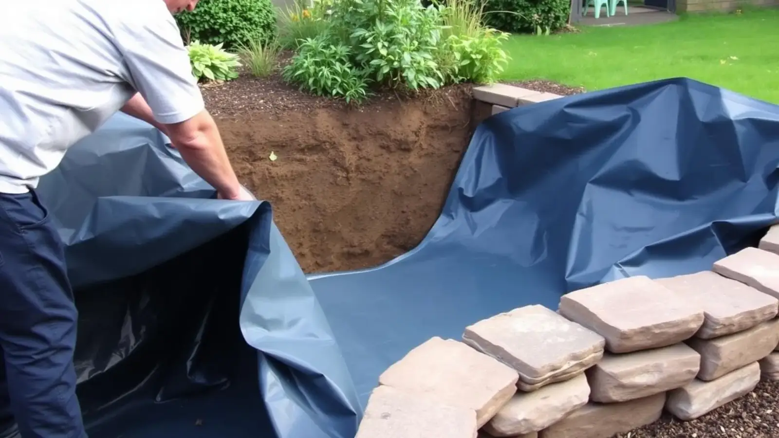 Folded blue PVC pond liner being unrolled into a small UK garden pond