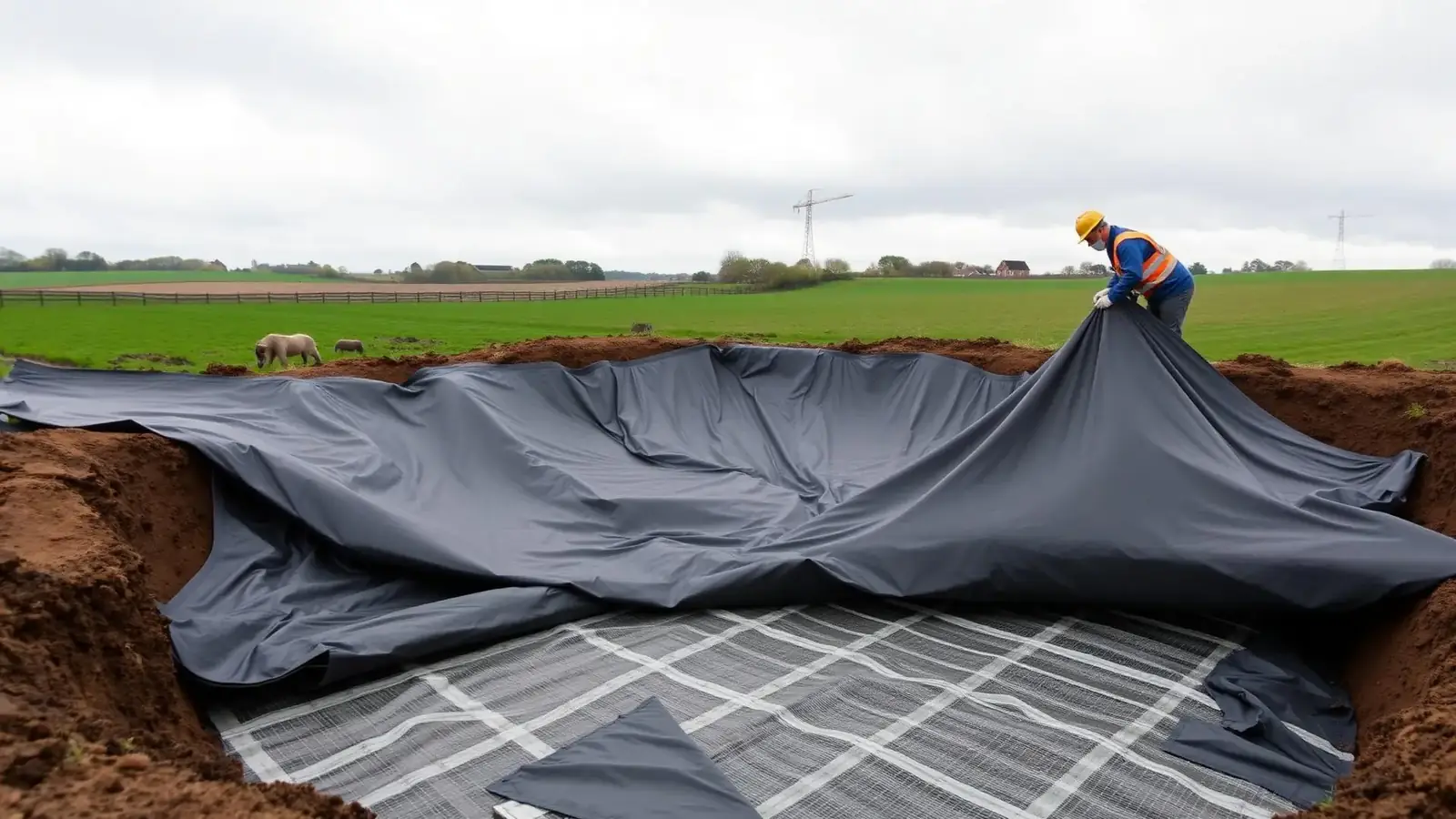 Reinforced polyethylene RPE pond liner being unfolded across a pond excavation
